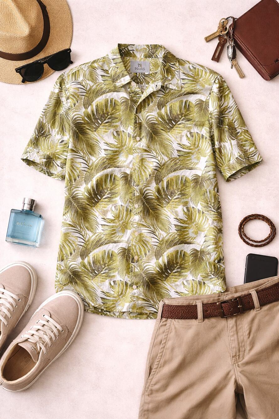 28 Palms Men’s Green Palm Print Button-Down Shirt Short Sleeve Cotton Size L